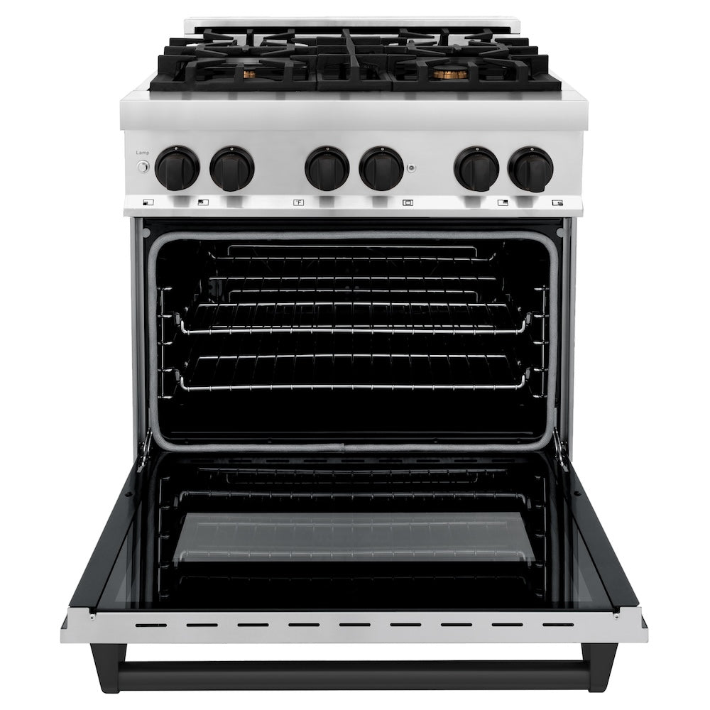 ZLINE Autograph Edition 30 in. Kitchen Package with Stainless Steel Dual Fuel Range and Range Hood with Matte Black Accents (2AKP-RARH30-MB)