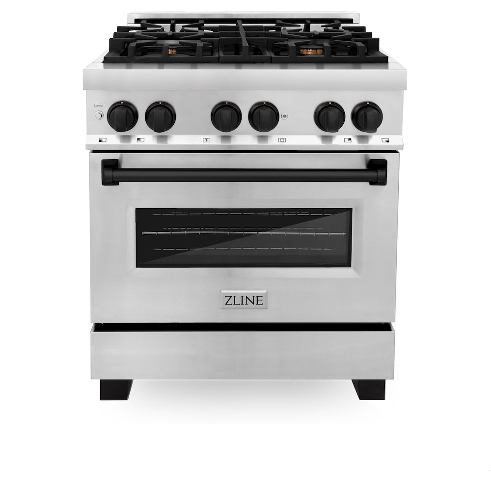 ZLINE Autograph Edition 30 in. 4.0 cu. ft. Dual Fuel Range with Gas Stove and Electric Oven in Stainless Steel with Matte Black Accents (RAZ-30-MB) front, oven closed.