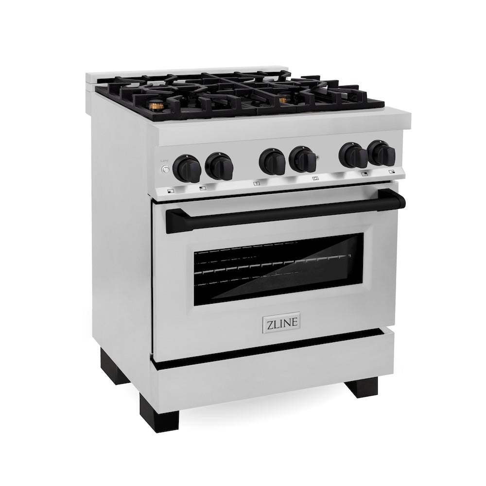ZLINE Autograph Edition 30 in. 4.0 cu. ft. Legacy Dual Fuel Range with 4 Burner Gas Cooktop and Electric Convection Oven in Stainless Steel and Matte Black Accents (RAZ-30-MB) main image.