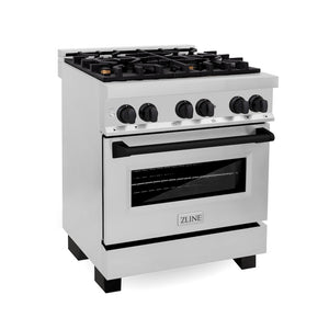 ZLINE Autograph Edition 30 in. 4.0 cu. ft. Legacy Dual Fuel Range with 4 Burner Gas Cooktop and Electric Convection Oven in Stainless Steel and Matte Black Accents (RAZ-30-MB) main image.