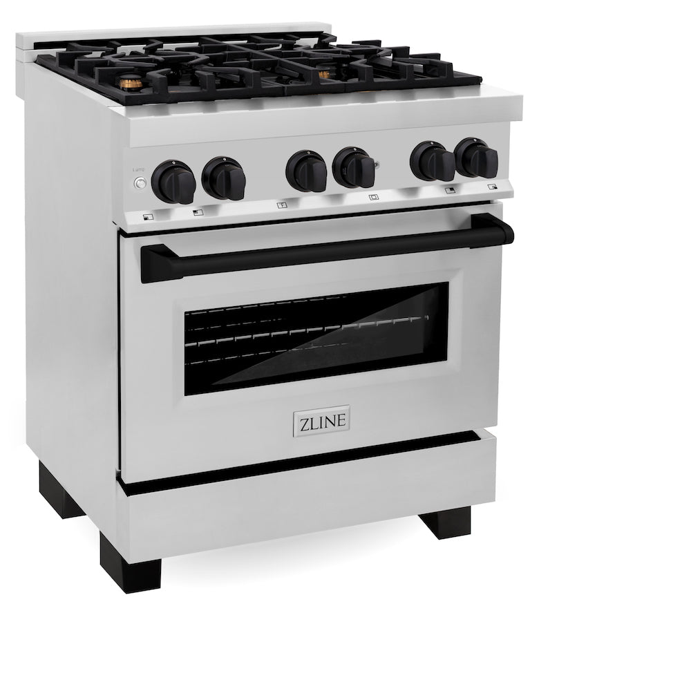 ZLINE Autograph Edition 30 in. 4.0 cu. ft. Dual Fuel Range with Gas Stove and Electric Oven in Stainless Steel with Matte Black Accents (RAZ-30-MB) side, oven closed.