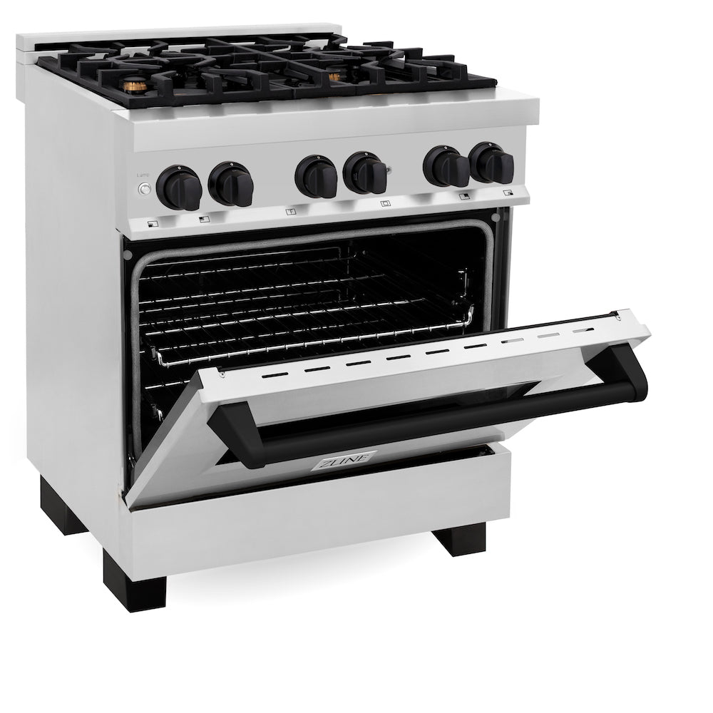 ZLINE Autograph Edition 30 in. 4.0 cu. ft. Dual Fuel Range with Gas Stove and Electric Oven in Stainless Steel with Matte Black Accents (RAZ-30-MB) side, oven half open.