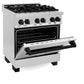 ZLINE Autograph Edition 30 in. 4.0 cu. ft. Legacy Dual Fuel Range with 4 Burner Gas Cooktop and Electric Convection Oven in Stainless Steel and Matte Black Accents (RAZ-30-MB) side, oven half open.