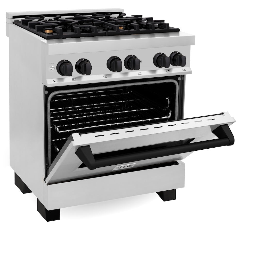 ZLINE Autograph Edition 30 in. 4.0 cu. ft. Legacy Dual Fuel Range with 4 Burner Gas Cooktop and Electric Convection Oven in Stainless Steel and Matte Black Accents (RAZ-30-MB) side, oven half open.