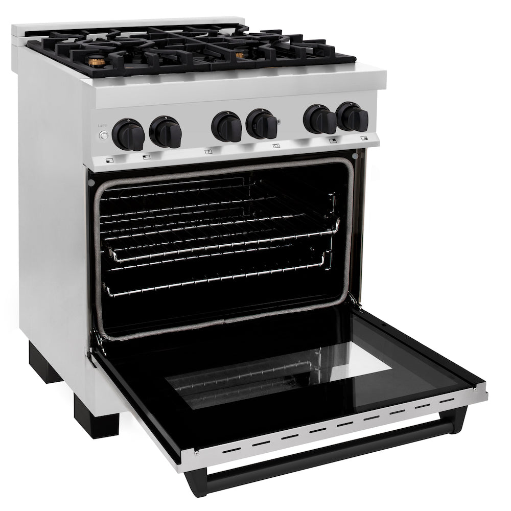 ZLINE Autograph Edition 30 in. 4.0 cu. ft. Dual Fuel Range with Gas Stove and Electric Oven in Stainless Steel with Matte Black Accents (RAZ-30-MB) side, oven open.