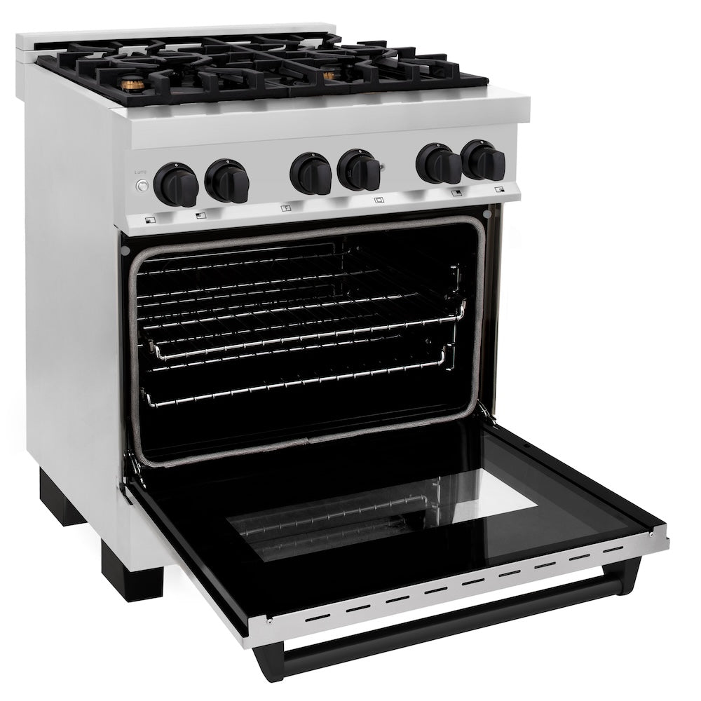 ZLINE Autograph Edition 30 in. 4.0 cu. ft. Legacy Dual Fuel Range with 4 Burner Gas Cooktop and Electric Convection Oven in Stainless Steel and Matte Black Accents (RAZ-30-MB) side, oven open.