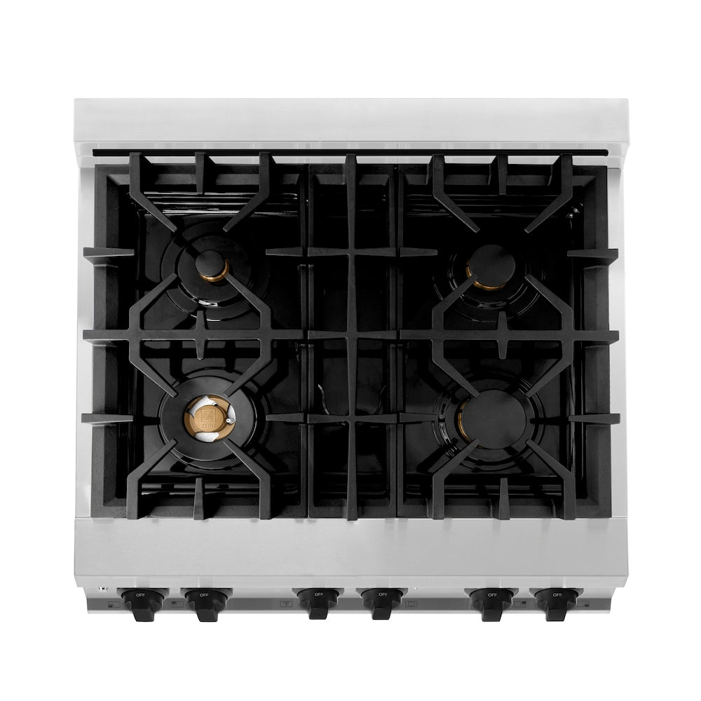 ZLINE Autograph Edition 30 in. 4.0 cu. ft. Legacy Dual Fuel Range with 4 Burner Gas Cooktop and Electric Convection Oven in Stainless Steel and Matte Black Accents (RAZ-30-MB) top down, above cooktop.