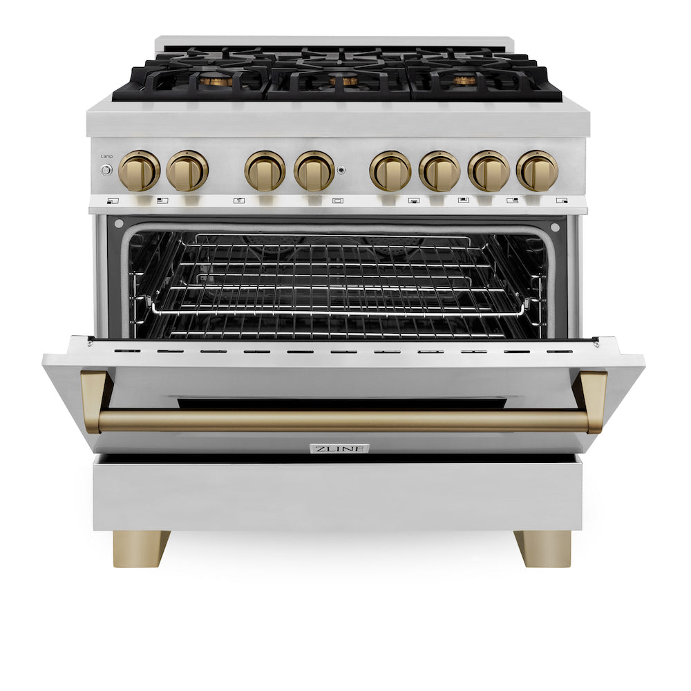 ZLINE Autograph Edition 36 in. 4.6 cu. ft. Dual Fuel Range with Gas Stove and Electric Oven in Stainless Steel with Champagne Bronze Accents (RAZ-36-CB) front, oven half open.