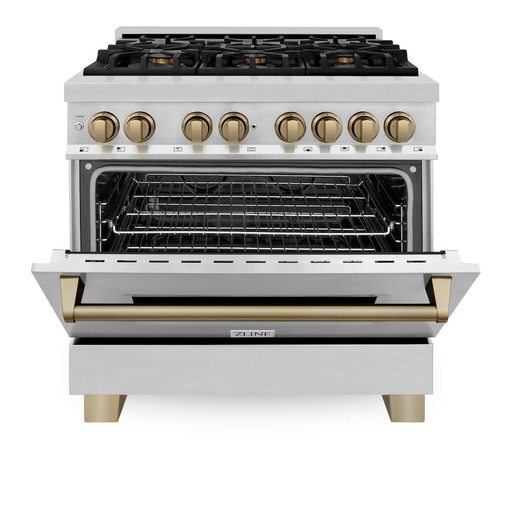 ZLINE Autograph Edition 36 in. Kitchen Package with Stainless Steel Dual Fuel Range, Range Hood and Dishwasher with Champagne Bronze Accents (3AKP-RARHDWM36-CB)