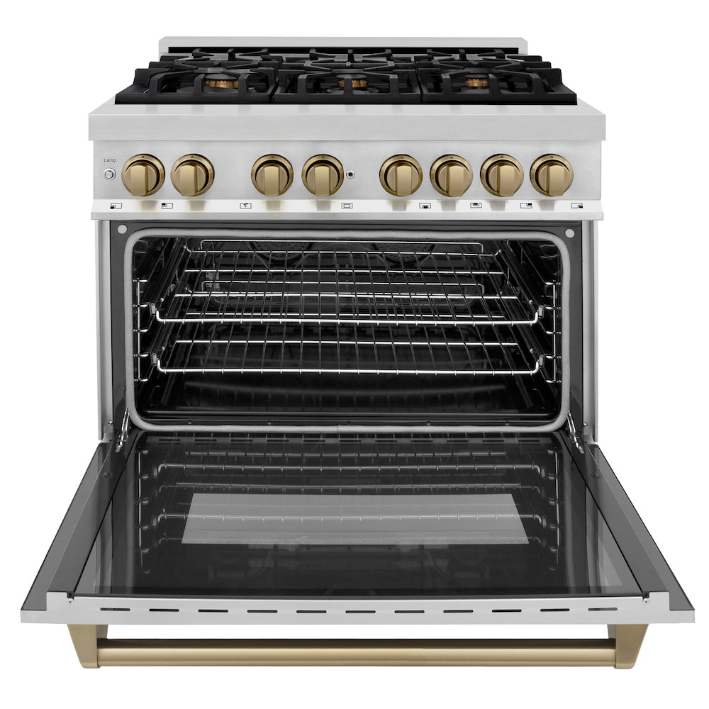 ZLINE Autograph Edition 36 in. 4.6 cu. ft. Dual Fuel Range with Gas Stove and Electric Oven in Stainless Steel with Champagne Bronze Accents (RAZ-36-CB) front, oven open.