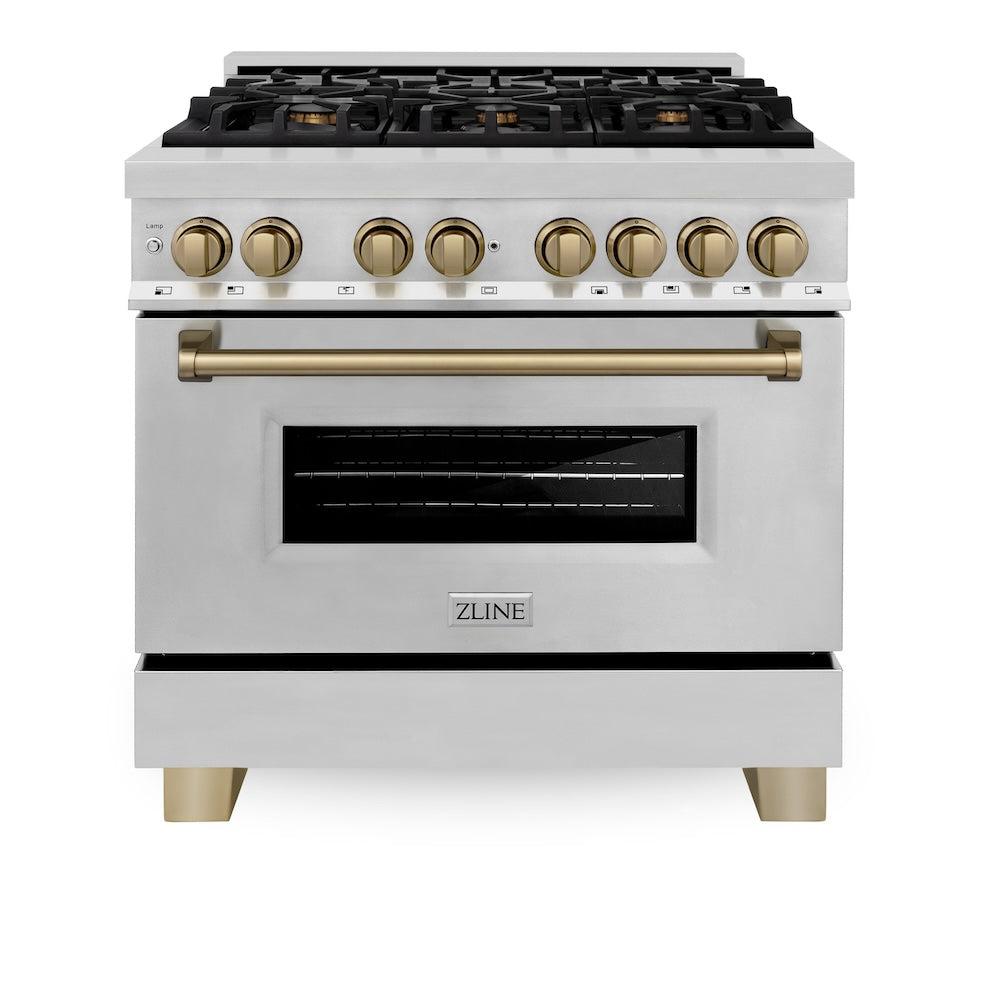 ZLINE Autograph Edition 36 in. Kitchen Package with Stainless Steel Dual Fuel Range, Range Hood and Dishwasher with Champagne Bronze Accents (3AKP-RARHDWM36-CB)