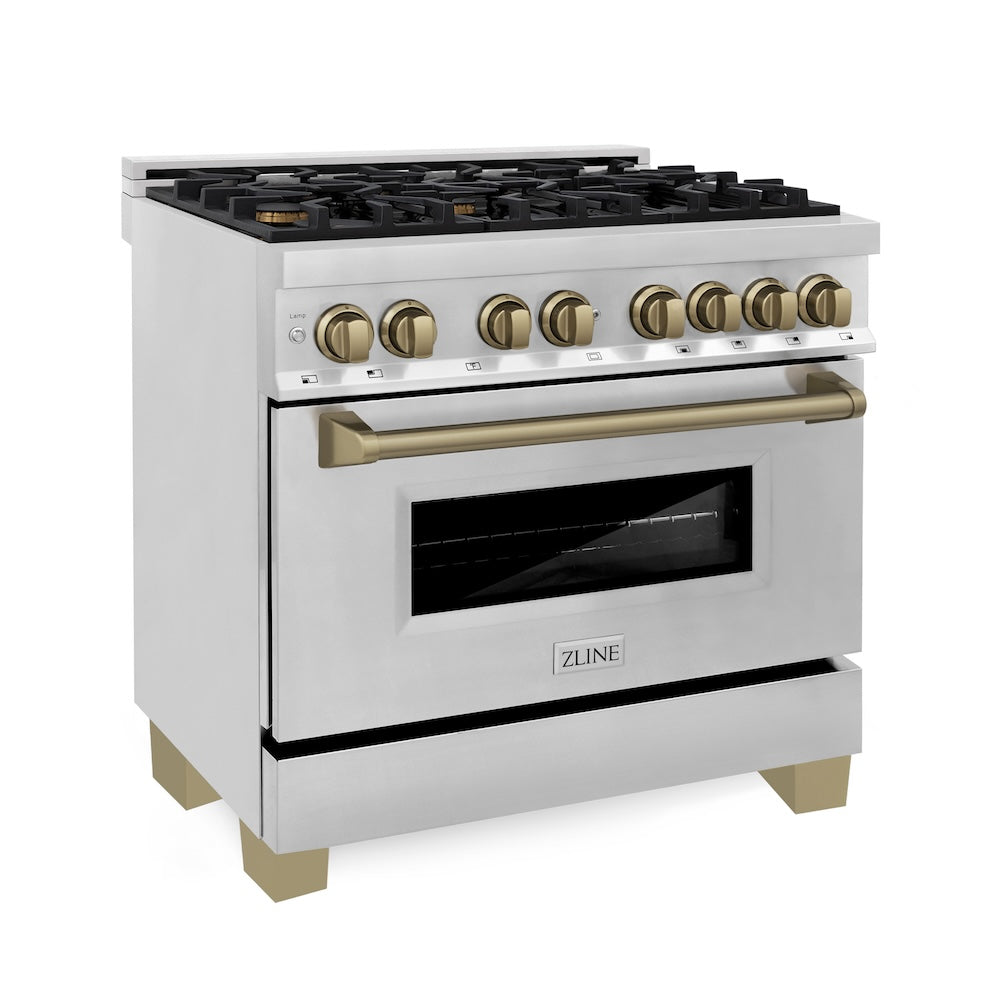 ZLINE Autograph Edition 36 in. 4.6 cu. ft. Legacy Dual Fuel Range with 6 Burner Gas Cooktop and Electric Convection Oven in Stainless Steel and Champagne Bronze Accents (RAZ-36-CB)