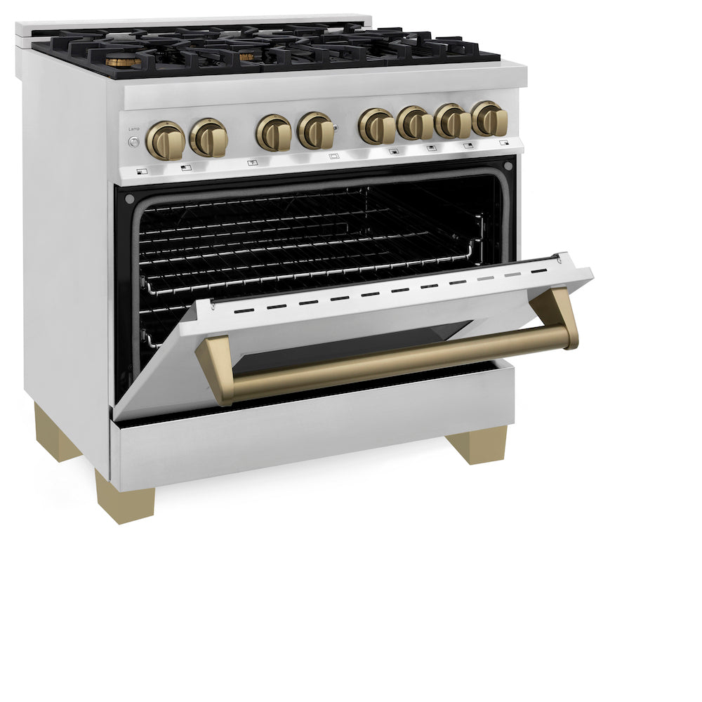 ZLINE Autograph Edition 36 in. 4.6 cu. ft. Dual Fuel Range with Gas Stove and Electric Oven in Stainless Steel with Champagne Bronze Accents (RAZ-36-CB) side, oven half open.
