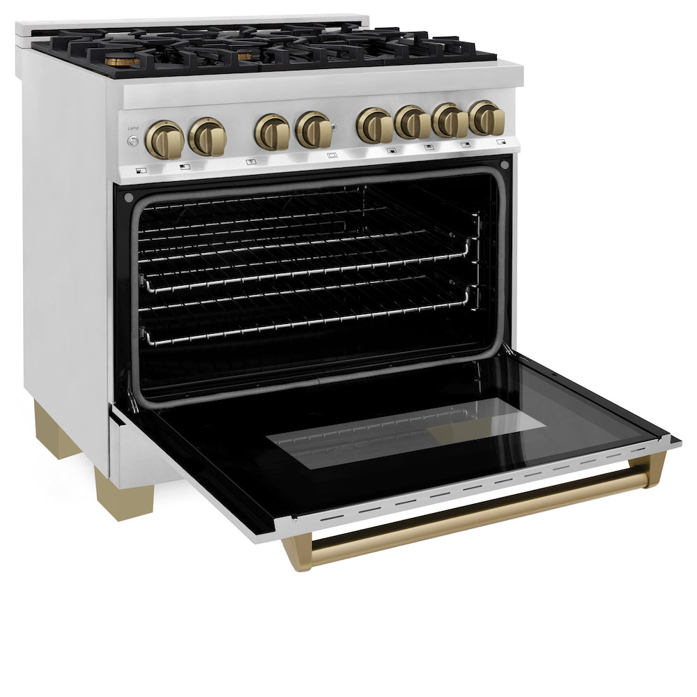 ZLINE Autograph Edition 36 in. 4.6 cu. ft. Dual Fuel Range with Gas Stove and Electric Oven in Stainless Steel with Champagne Bronze Accents (RAZ-36-CB) side, oven open.