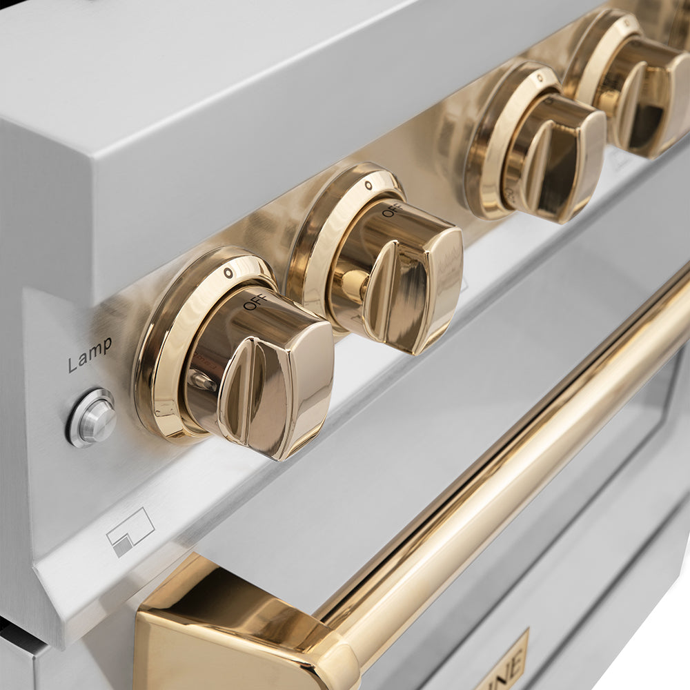 ZLINE Autograph Edition 36 in. 4.6 cu. ft. Legacy Dual Fuel Range with 6 Burner Gas Cooktop and Electric Convection Oven in Stainless Steel and Polished Gold Accents, Open Box-Good Condition