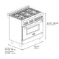 ZLINE Autograph Edition 36 in. 4.6 cu. ft. Legacy Dual Fuel Range with 6 Burner Gas Cooktop and Electric Convection Oven in Stainless Steel and Polished Gold Accents (RAZ-36-G) dimensional diagram.
