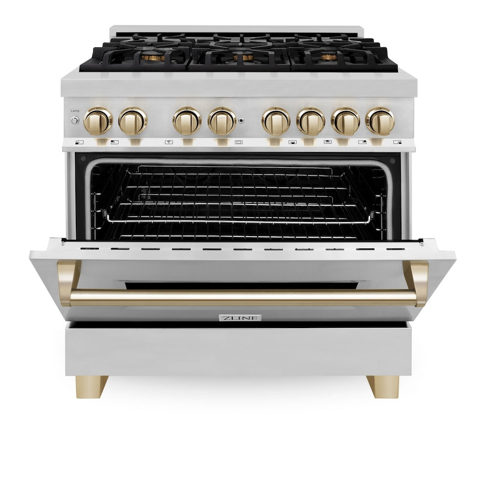 ZLINE Autograph Edition 36 in. 4.6 cu. ft. Legacy Dual Fuel Range with 6 Burner Gas Cooktop and Electric Convection Oven in Stainless Steel and Polished Gold Accents (RAZ-36-G) front, oven half open.