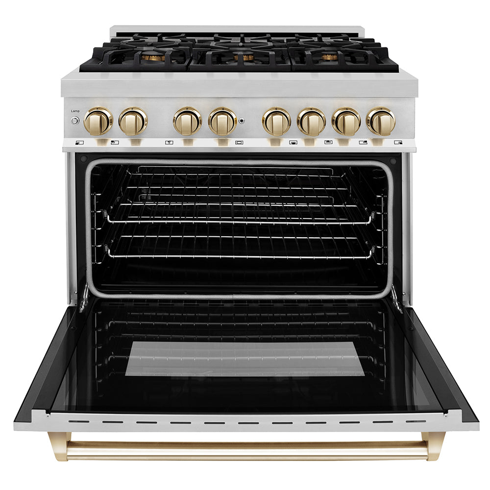 ZLINE Autograph Edition 36 in. 4.6 cu. ft. Legacy Dual Fuel Range with 6 Burner Gas Cooktop and Electric Convection Oven in Stainless Steel and Polished Gold Accents, Open Box-Good Condition