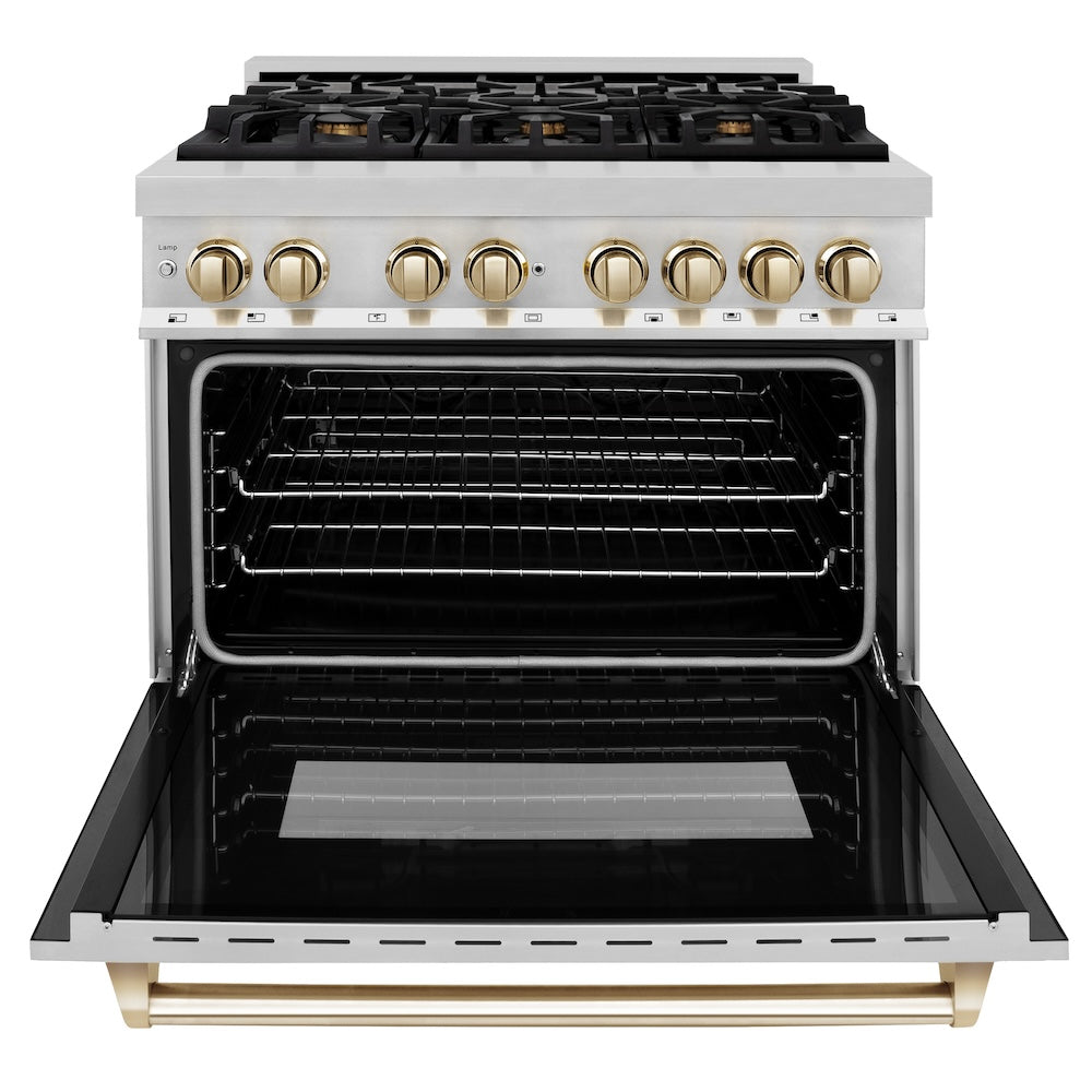 ZLINE Autograph Edition 36 in. 4.6 cu. ft. Legacy Dual Fuel Range with 6 Burner Gas Cooktop and Electric Convection Oven in Stainless Steel and Polished Gold Accents (RAZ-36-G) front, oven open.