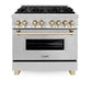 ZLINE Autograph Edition 36 in. 4.6 cu. ft. Legacy Dual Fuel Range with 6 Burner Gas Cooktop and Electric Convection Oven in Stainless Steel and Polished Gold Accents, Open Box-Great Condition
