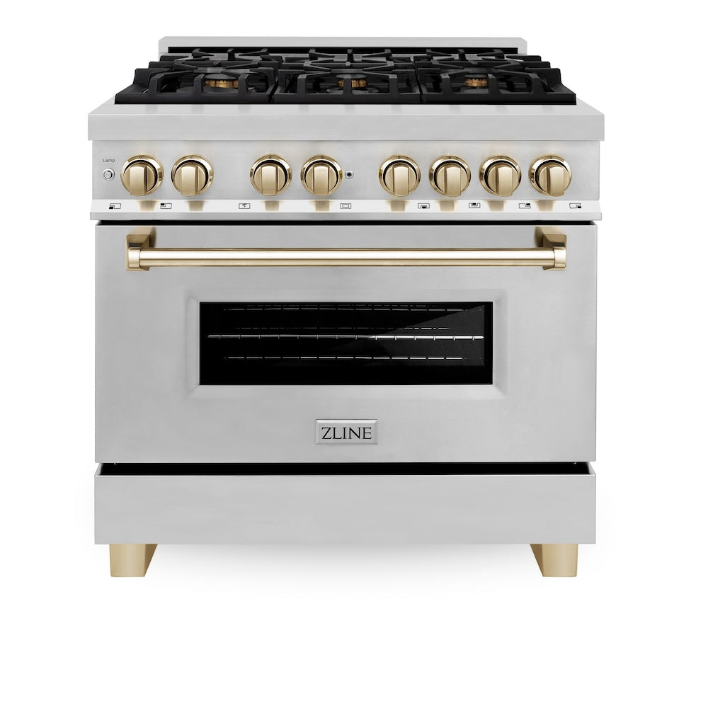 ZLINE Autograph Edition 36 in. 4.6 cu. ft. Legacy Dual Fuel Range with 6 Burner Gas Cooktop and Electric Convection Oven in Stainless Steel and Polished Gold Accents (RAZ-36-G) front, oven closed.