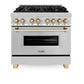 ZLINE Autograph Edition 36 in. 4.6 cu. ft. Legacy Dual Fuel Range with 6 Burner Gas Cooktop and Electric Convection Oven in Stainless Steel and Polished Gold Accents, Open Box-Good Condition