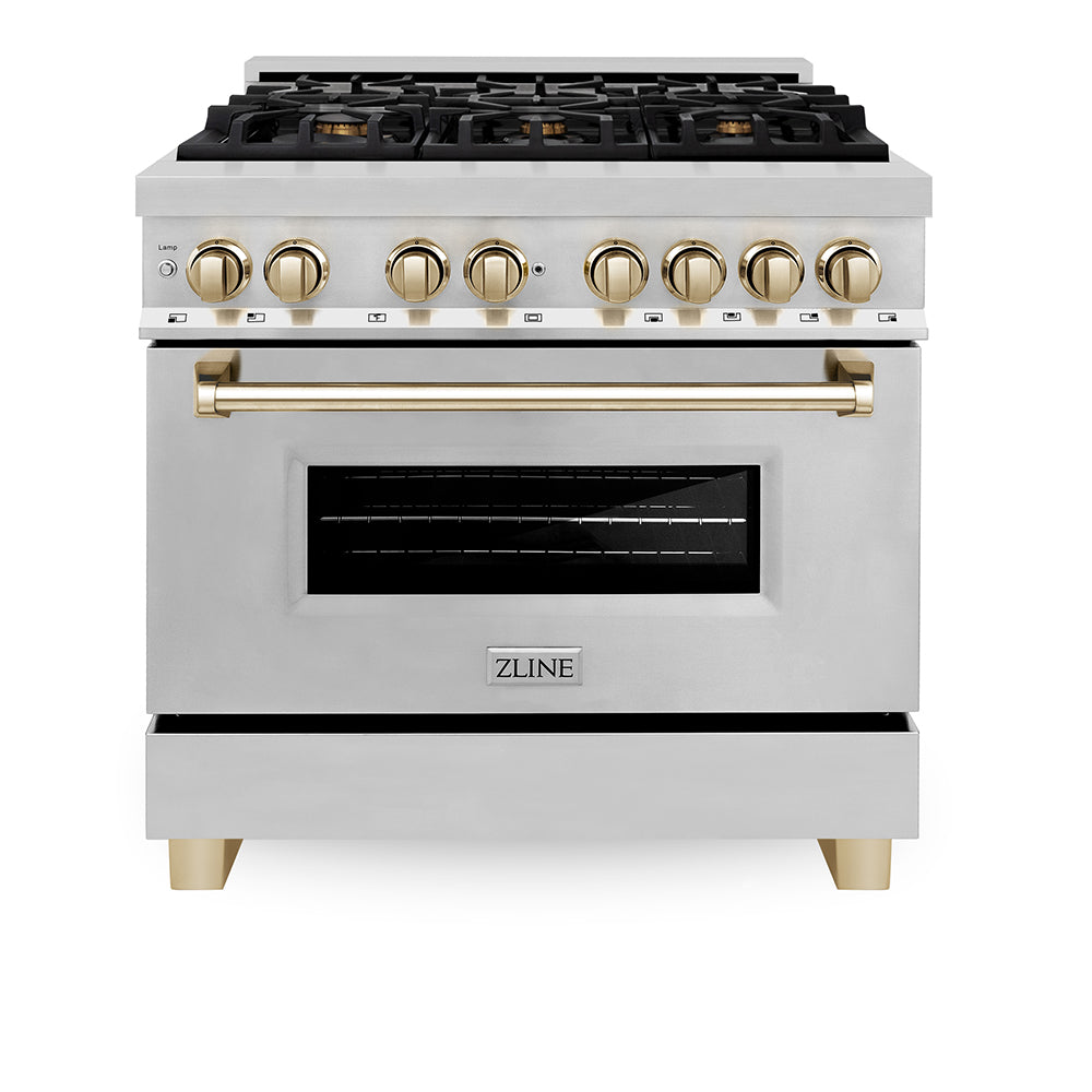ZLINE Autograph Edition 36 in. 4.6 cu. ft. Legacy Dual Fuel Range with 6 Burner Gas Cooktop and Electric Convection Oven in Stainless Steel and Polished Gold Accents, Open Box-Good Condition
