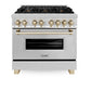 ZLINE Autograph Edition 36 in. 4.6 cu. ft. Legacy Dual Fuel Range with 6 Burner Gas Cooktop and Electric Convection Oven in Stainless Steel and Polished Gold Accents (RAZ-36-G)