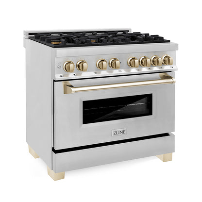 ZLINE Autograph Edition 36 in. 4.6 cu. ft. Legacy Dual Fuel Range with 6 Burner Gas Cooktop and Electric Convection Oven in Stainless Steel and Polished Gold Accents, Open Box-Good Condition