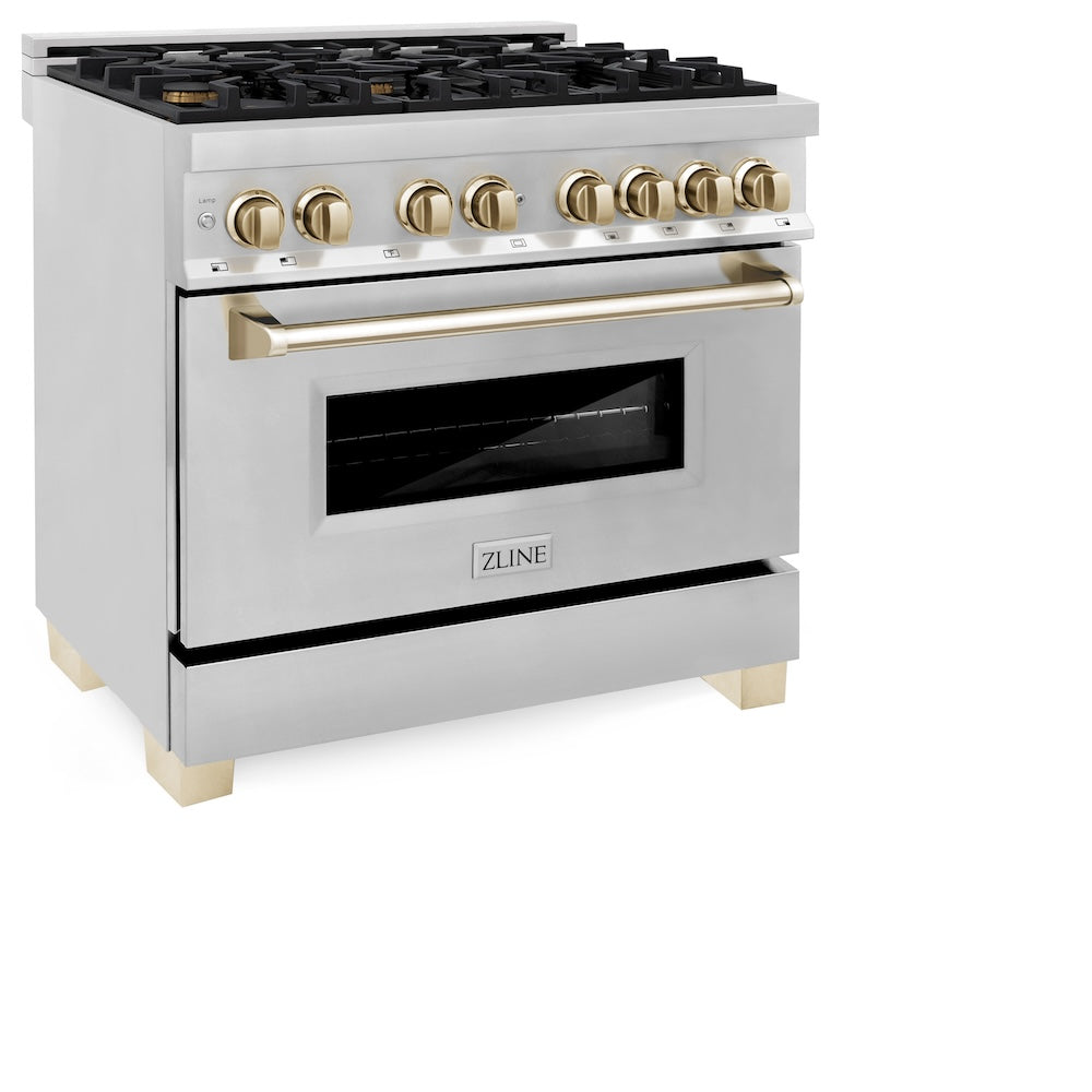 ZLINE Autograph Edition 36 in. Kitchen Package with Stainless Steel Dual Fuel Range and Range Hood with Polished Gold Accents (2AKP-RARH36-G)