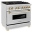 ZLINE Autograph Edition 36 in. 4.6 cu. ft. Legacy Dual Fuel Range with 6 Burner Gas Cooktop and Electric Convection Oven in Stainless Steel and Polished Gold Accents, Open Box-Good Condition