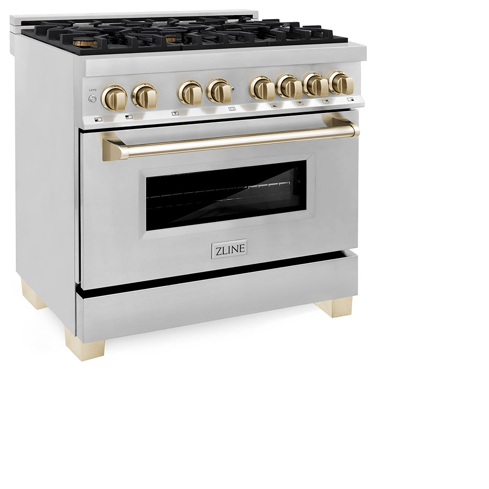 ZLINE Autograph Edition 36 in. 4.6 cu. ft. Legacy Dual Fuel Range with 6 Burner Gas Cooktop and Electric Convection Oven in Stainless Steel and Polished Gold Accents, Open Box-Good Condition