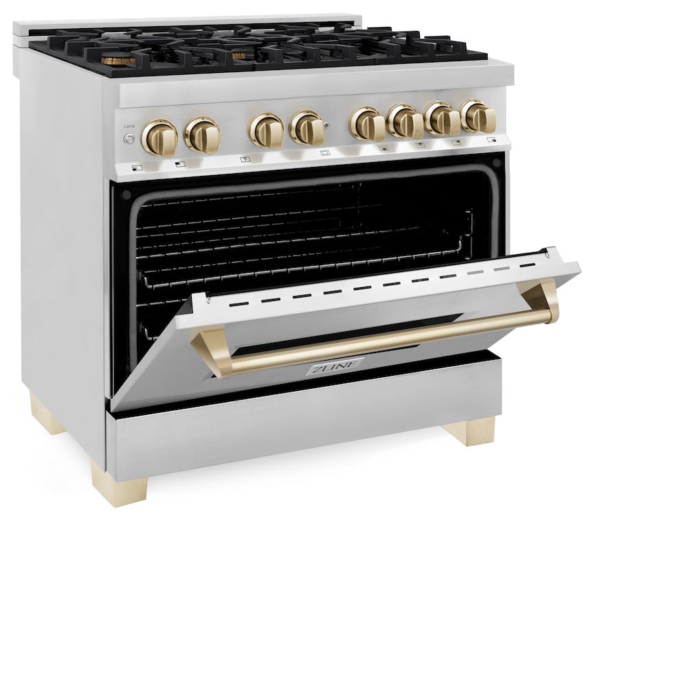 ZLINE Autograph Edition 36 in. 4.6 cu. ft. Legacy Dual Fuel Range with 6 Burner Gas Cooktop and Electric Convection Oven in Stainless Steel and Polished Gold Accents (RAZ-36-G) side, oven half open.