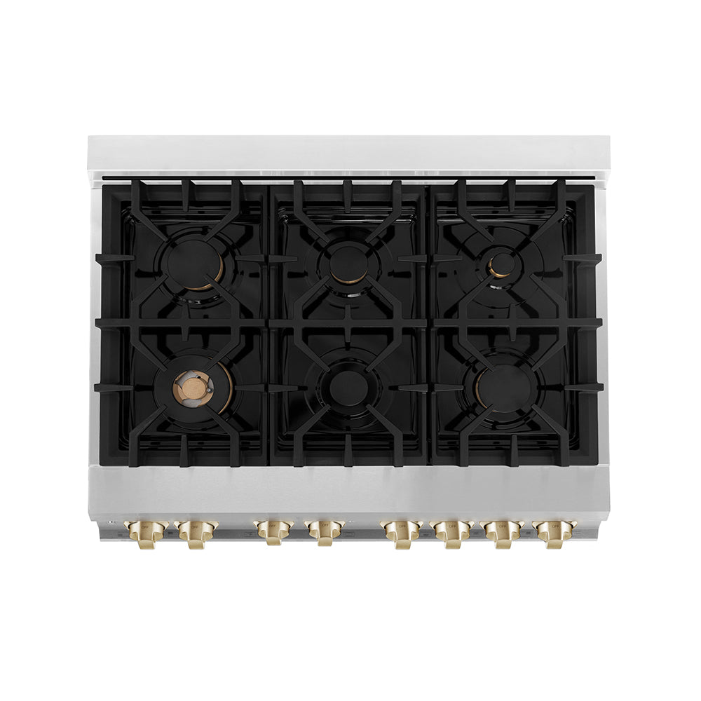 ZLINE Autograph Edition 36 in. 4.6 cu. ft. Legacy Dual Fuel Range with 6 Burner Gas Cooktop and Electric Convection Oven in Stainless Steel and Polished Gold Accents, Open Box-Good Condition