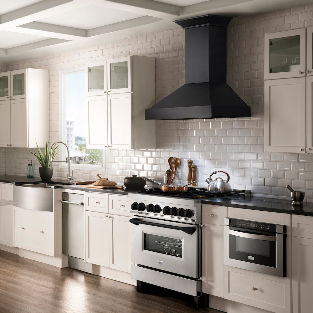 ZLINE Autograph Edition 36 in. 4.6 cu. ft. Legacy Dual Fuel Range with 6 Burner Gas Cooktop and Electric Convection Oven in Stainless Steel and Matte Black Accents (RAZ-36-MB) in a luxury kitchen.