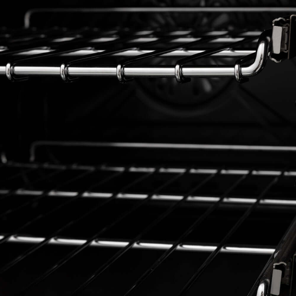 ZLINE Autograph Edition 36 in. 4.6 cu. ft. Legacy Dual Fuel Range with 6 Burner Gas Cooktop and Electric Convection Oven in Stainless Steel and Matte Black Accents (RAZ-36-MB) oven racks, front.