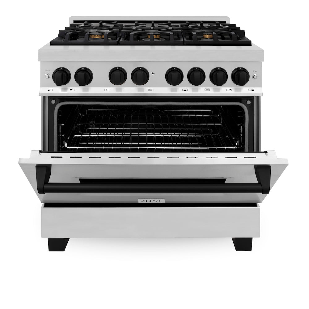 ZLINE Autograph Edition 36 in. 4.6 cu. ft. Dual Fuel Range with Gas Stove and Electric Oven in Stainless Steel with Matte Black Accents (RAZ-36-MB) front, oven half open.