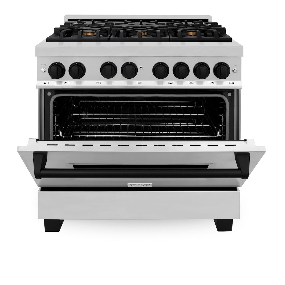 ZLINE Autograph Edition 36 in. 4.6 cu. ft. Legacy Dual Fuel Range with 6 Burner Gas Cooktop and Electric Convection Oven in Stainless Steel and Matte Black Accents, Open Box-Good Condition