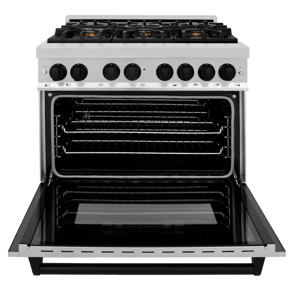 ZLINE Autograph Edition 36 in. 4.6 cu. ft. Dual Fuel Range with Gas Stove and Electric Oven in Stainless Steel with Matte Black Accents (RAZ-36-MB) front, oven open.