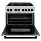 ZLINE Autograph Edition 36 in. 4.6 cu. ft. Legacy Dual Fuel Range with 6 Burner Gas Cooktop and Electric Convection Oven in Stainless Steel and Matte Black Accents (RAZ-36-MB) front, oven open.
