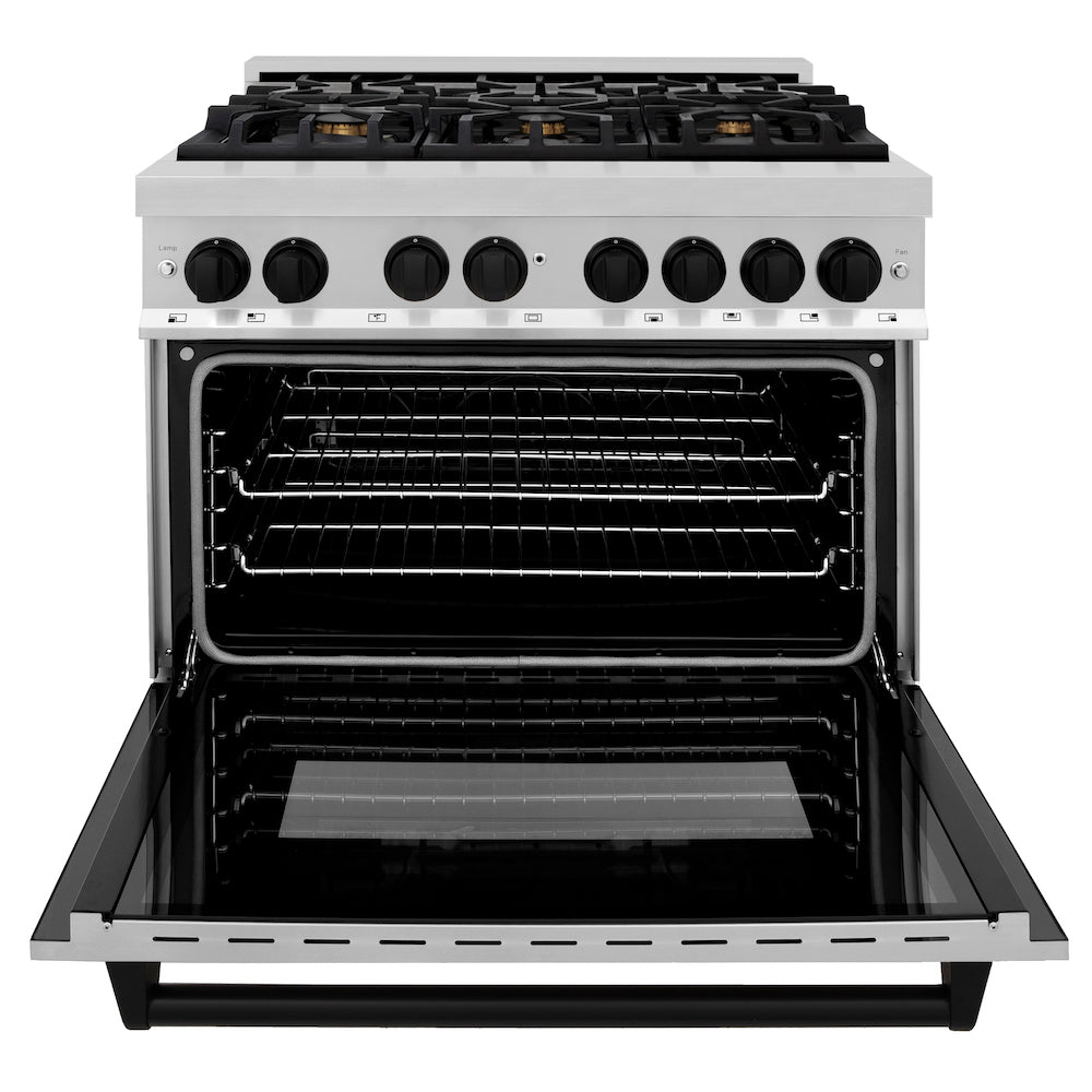 ZLINE Autograph Edition 36 in. 4.6 cu. ft. Legacy Dual Fuel Range with 6 Burner Gas Cooktop and Electric Convection Oven in Stainless Steel and Matte Black Accents (RAZ-36-MB) front, oven open.