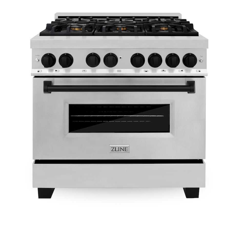 ZLINE Autograph Edition 36 in. 4.6 cu. ft. Dual Fuel Range with Gas Stove and Electric Oven in Stainless Steel with Matte Black Accents (RAZ-36-MB) front, oven closed.