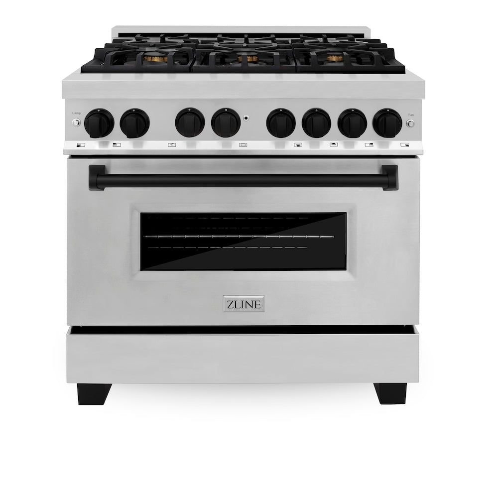 ZLINE Autograph Edition 36 in. 4.6 cu. ft. Legacy Dual Fuel Range with 6 Burner Gas Cooktop and Electric Convection Oven in Stainless Steel and Matte Black Accents, Open Box-Good Condition