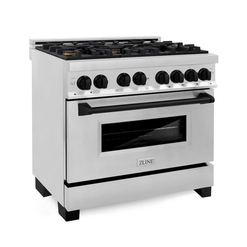 ZLINE Autograph Edition 36 in. 4.6 cu. ft. Dual Fuel Range with Gas Stove and Electric Oven in Stainless Steel with Matte Black Accents (RAZ-36-MB) 