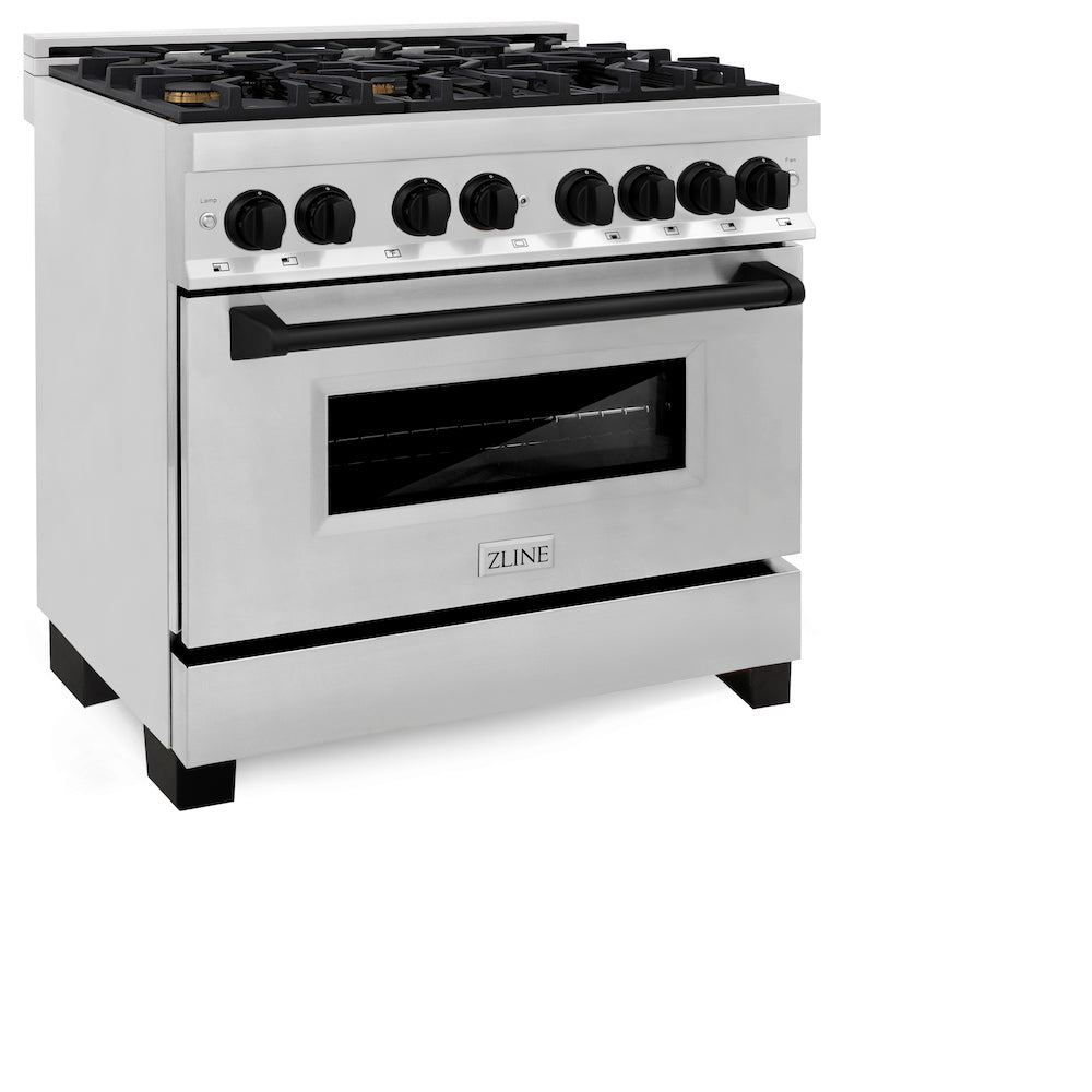 ZLINE Autograph Edition 36 in. 4.6 cu. ft. Dual Fuel Range with Gas Stove and Electric Oven in Stainless Steel with Matte Black Accents (RAZ-36-MB) side, oven closed.