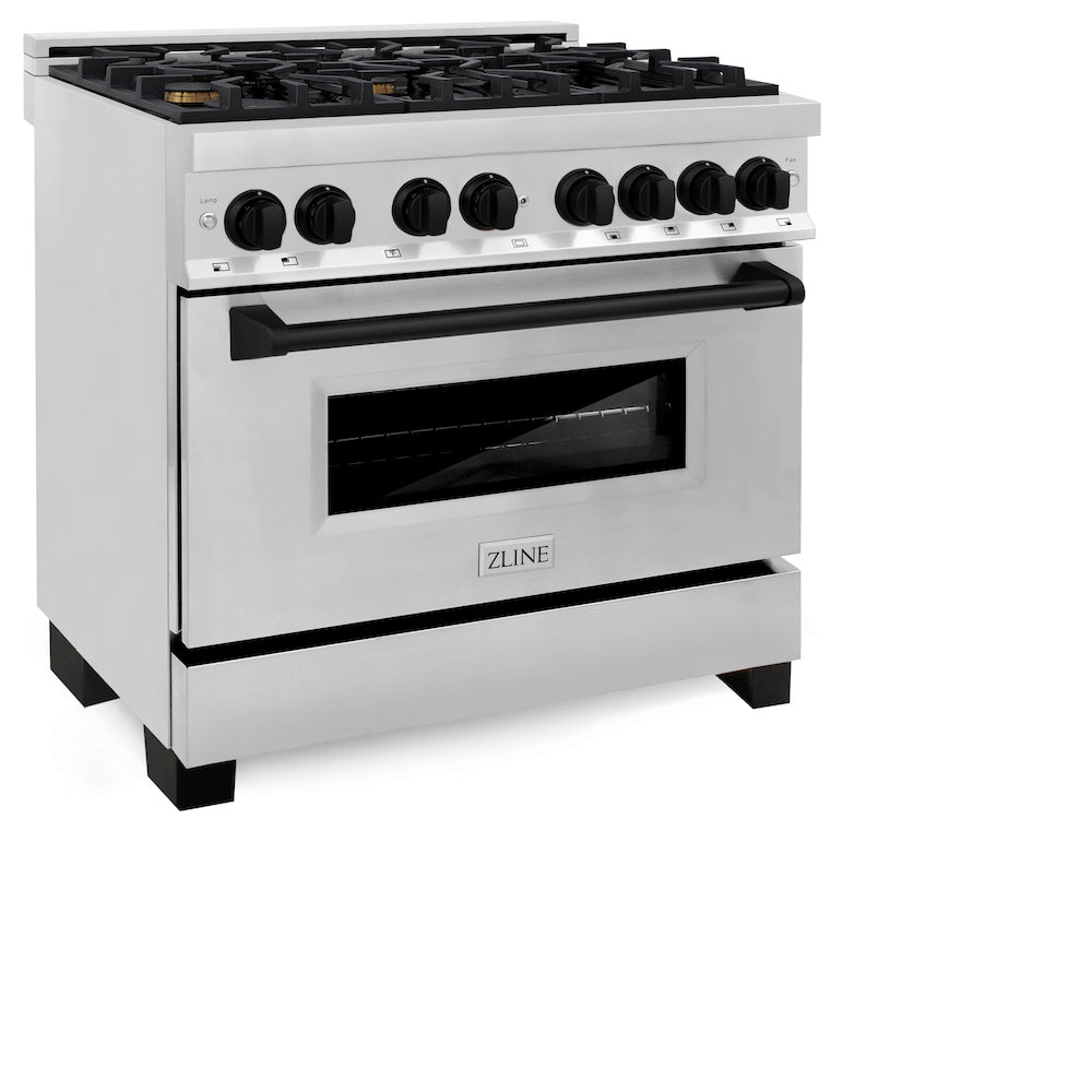 ZLINE Autograph Edition 36 in. 4.6 cu. ft. Legacy Dual Fuel Range with 6 Burner Gas Cooktop and Electric Convection Oven in Stainless Steel and Matte Black Accents (RAZ-36-MB) side, oven closed.