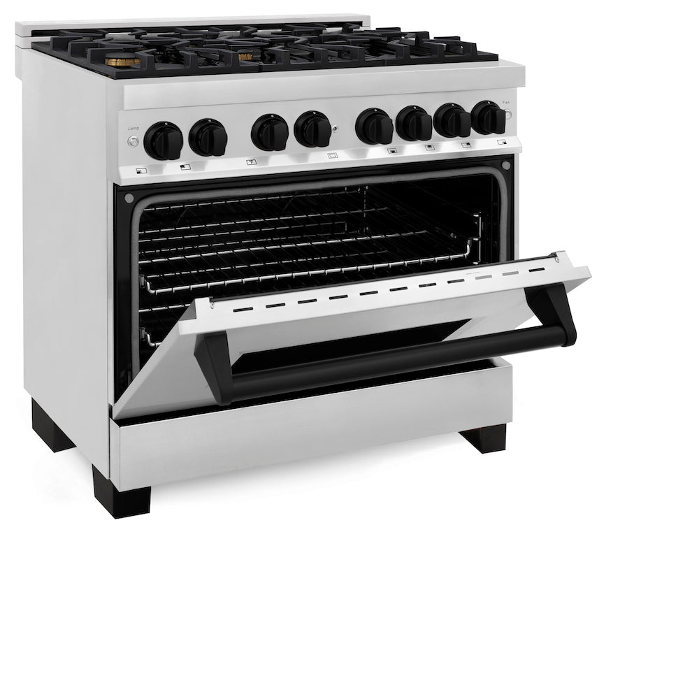 ZLINE Autograph Edition 36 in. 4.6 cu. ft. Dual Fuel Range with Gas Stove and Electric Oven in Stainless Steel with Matte Black Accents (RAZ-36-MB) side, oven half open.