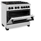 ZLINE Autograph Edition 36 in. 4.6 cu. ft. Legacy Dual Fuel Range with 6 Burner Gas Cooktop and Electric Convection Oven in Stainless Steel and Matte Black Accents (RAZ-36-MB) side, oven half open.
