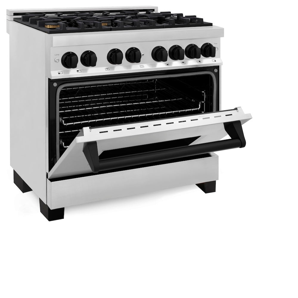 ZLINE Autograph Edition 36 in. 4.6 cu. ft. Legacy Dual Fuel Range with 6 Burner Gas Cooktop and Electric Convection Oven in Stainless Steel and Matte Black Accents, Open Box-Good Condition