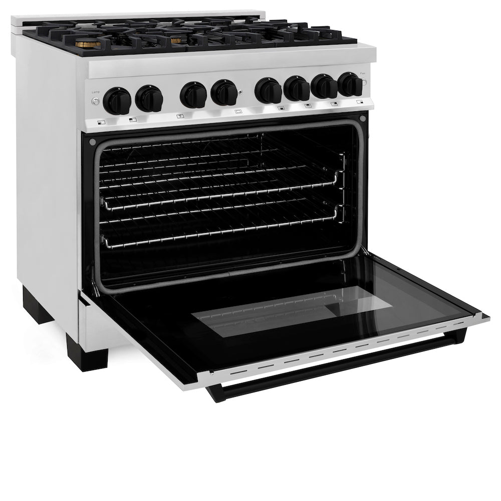 ZLINE Autograph Edition 36 in. 4.6 cu. ft. Dual Fuel Range with Gas Stove and Electric Oven in Stainless Steel with Matte Black Accents (RAZ-36-MB) side, oven open.